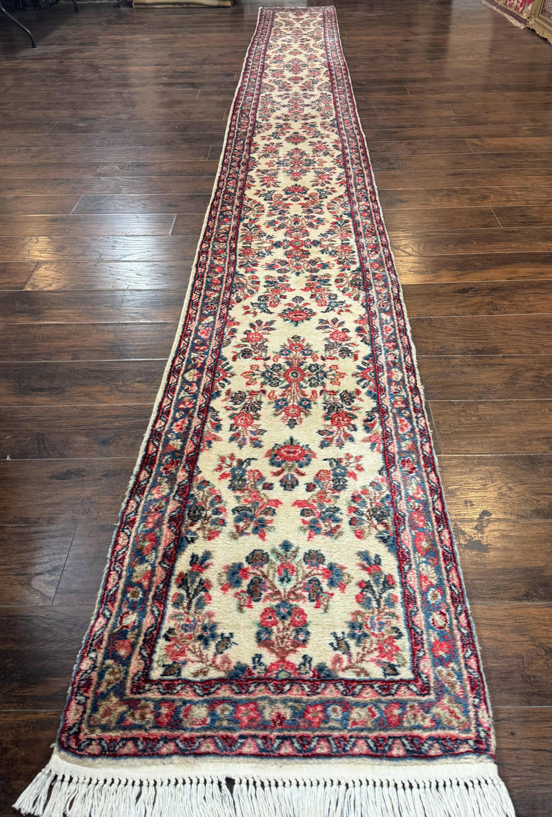 Persian Sarouk Runner Rug 2.4 x 21, Handmade Wool Floral Runner Rug for Hallway, 21ft Runner, Ivory by Jewel Rugs