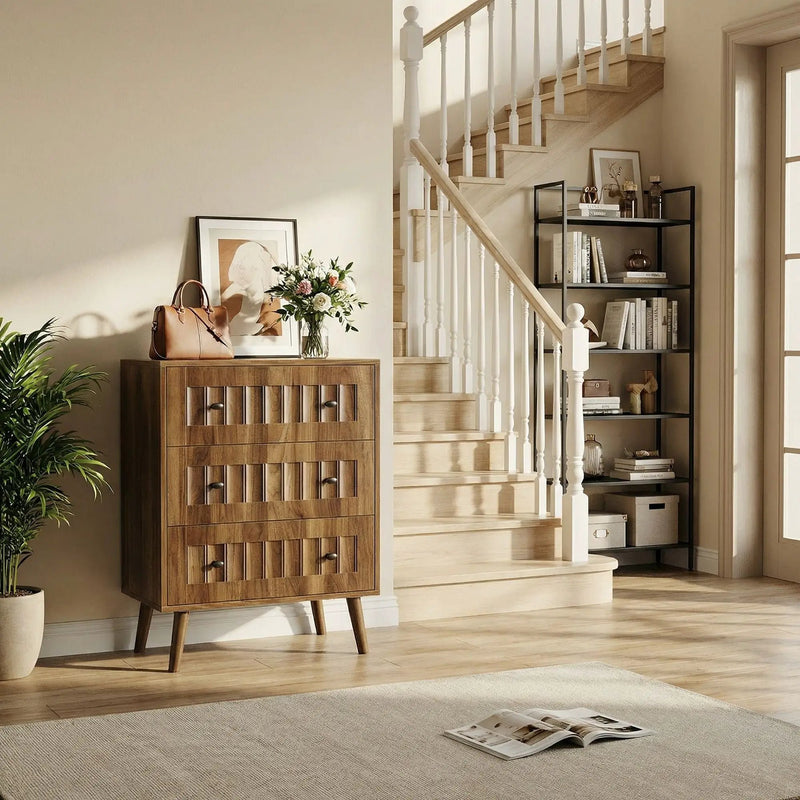 3 Drawer Dresser, Storage Cabinet With Vertical Grooves For Bedroom - Walnut by Unique Piece Furniture