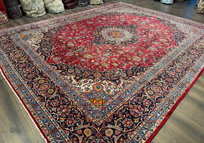Large Persian Kashan Rug 11x14, Traditional Persian Carpet, Wool, Fine 250 KPSI, Red Navy Blue by Jewel Rugs