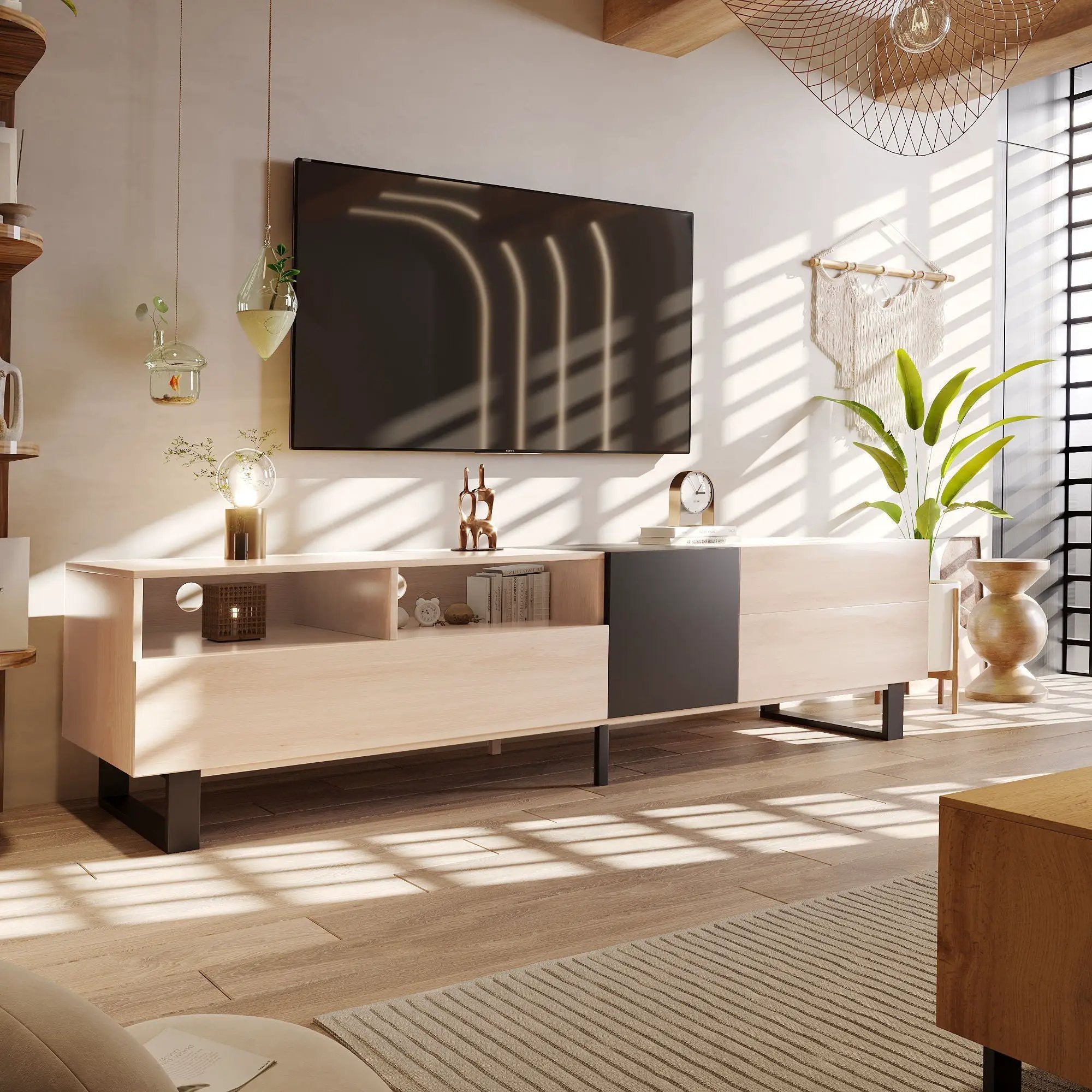 TV Stand For 80'' TV With Double Storage Space, Media Console Table With Drop Down Door by Unique Piece Furniture