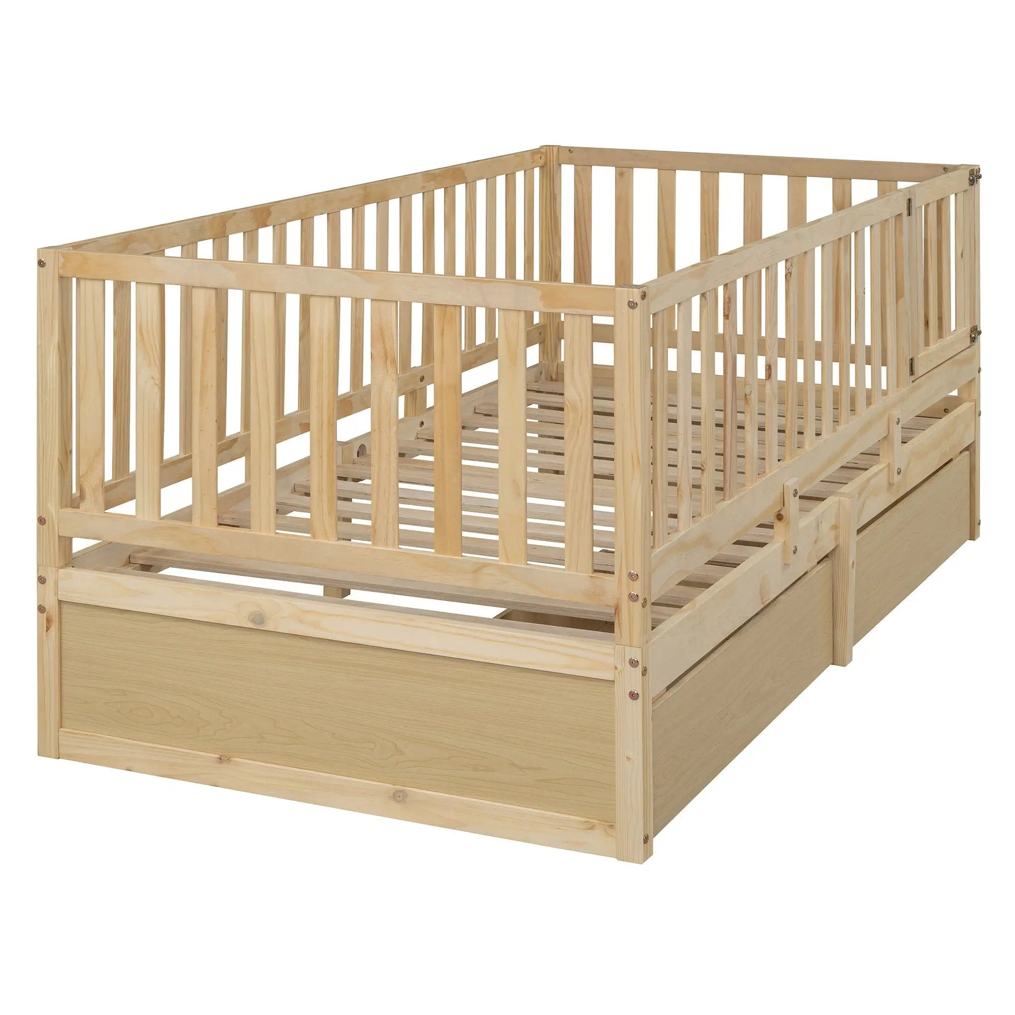 Daybed With Fence Guardrails And 2 Drawers, Split Into Independent Floor Bed & Daybed by HouseOfZazla