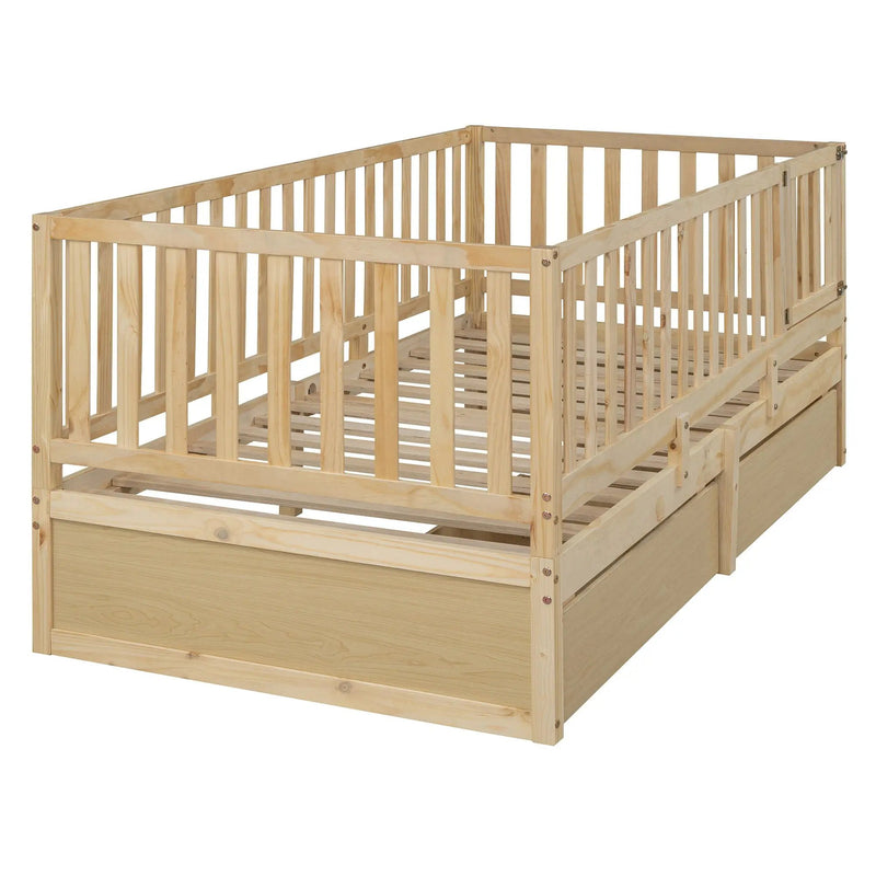 Daybed With Fence Guardrails And 2 Drawers, Split Into Independent Floor Bed & Daybed by HouseOfZazla