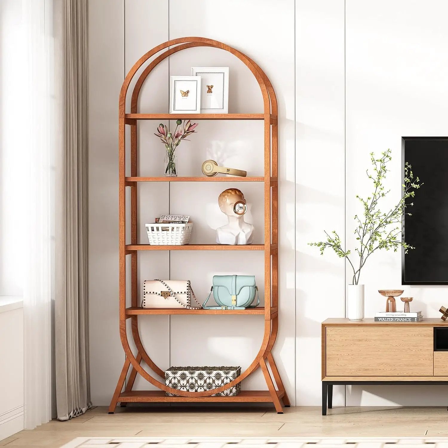 Arched 5 Tier Open Bookshelf For Office - Brown