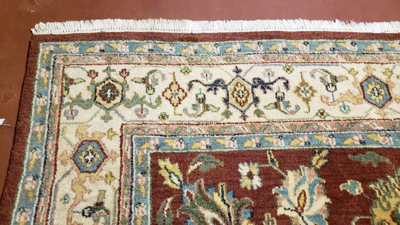 8x12 Indo-Mahal Rug, Floral Allover, Red & Beige, Wool Vintage Handmade Traditional Carpet by Jewel Rugs