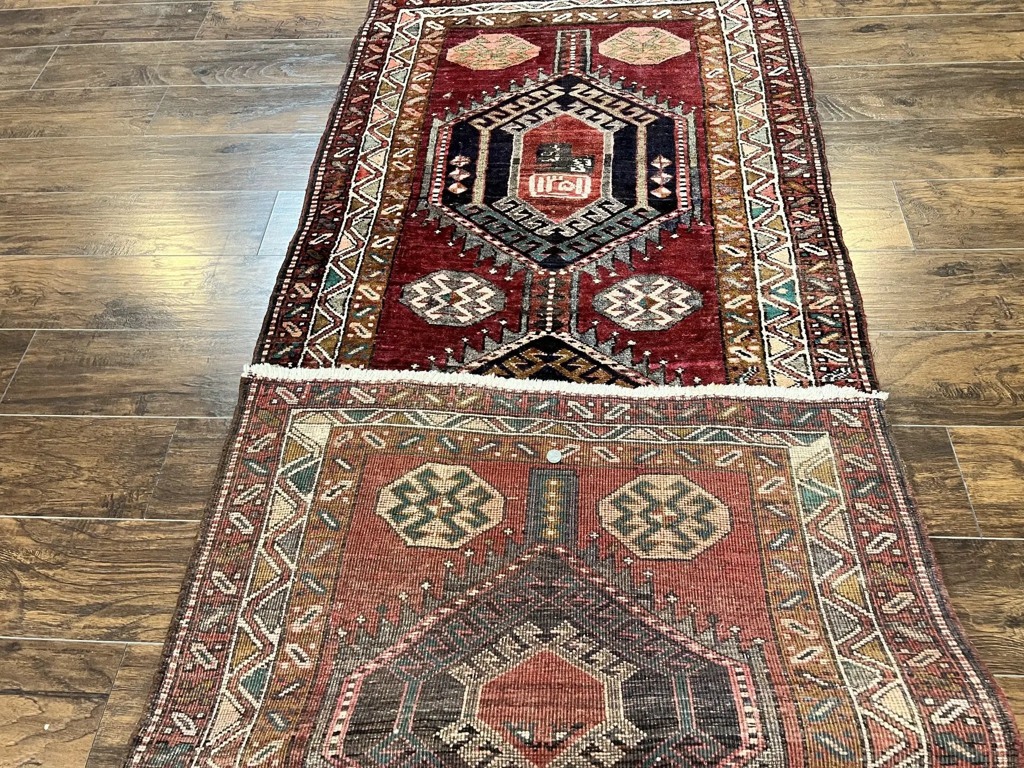 Persian Heriz Runner Rug 3.8 x 8.6, Geometric Design, Large Triple Medallions, Hand Knotted Handmade Vintage Wool Hallway Rug, Red by Jewel Rugs