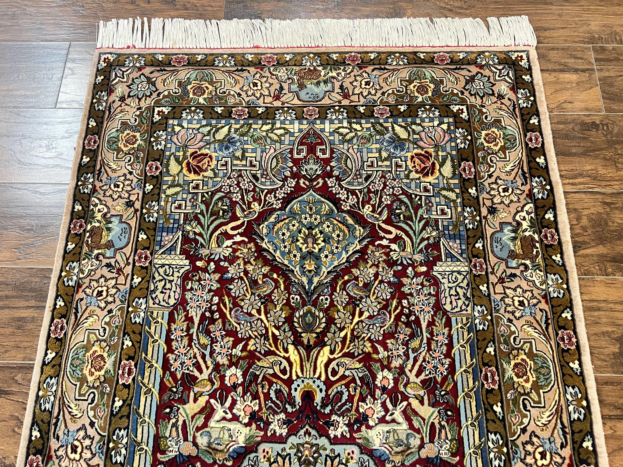 Marvelous Persian Isfahan Rug 3.7 x 5.6, Tree of Life and Animal Pictorials, Handmade Vintage Super Fine 600 KPSI, Kork Wool Silk Highlights, Rare by Jewel Rugs