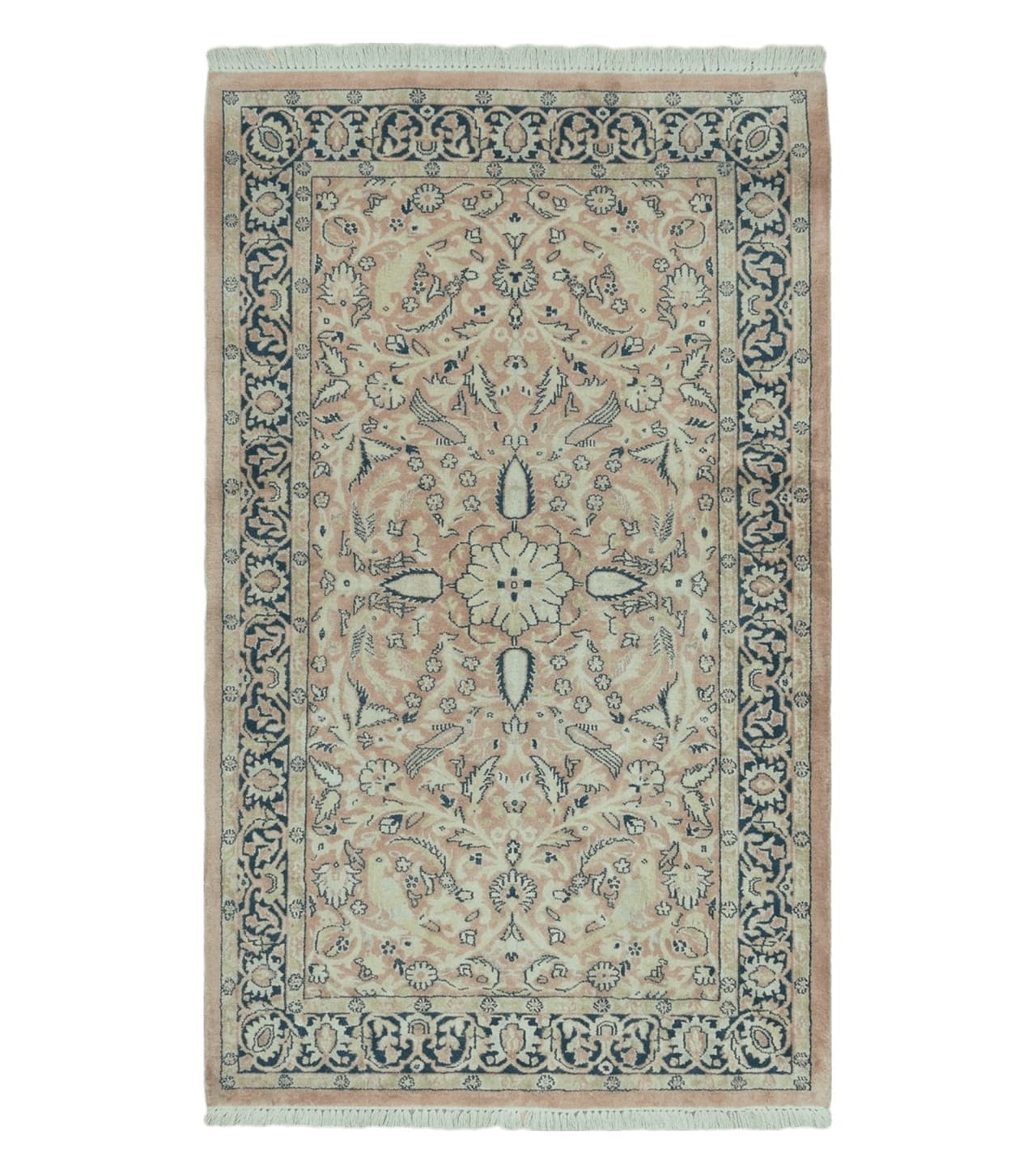 Indian Silk Rug 4x6, Indian Kashmiri Silk Carpet 4 x 6 ft, Vintage Hand Knotted Floral Bird Motifs, Light Pink and Navy Blue, Silk on Cotton by Jewel Rugs