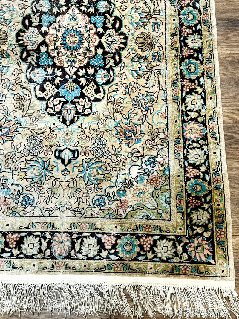 Indian Kashmiri Silk Rug 3x5, Floral Medallion, Fine 200 KPSI by Jewel Rugs