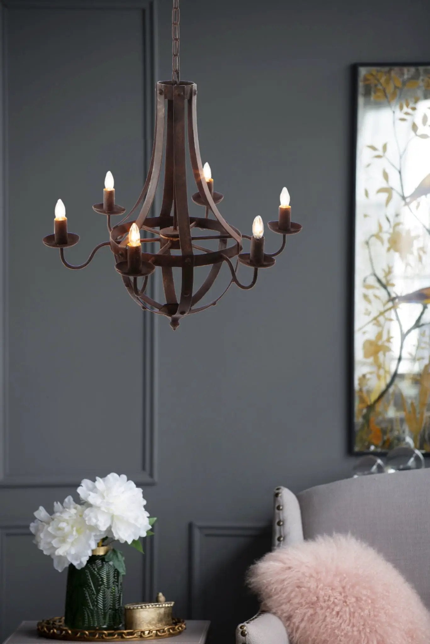 6 Light Metal Chandelier, Hanging Light Fixture With Adjustable Chain For Kitchen, Bulb Not Included - Black by Unique Piece Furniture