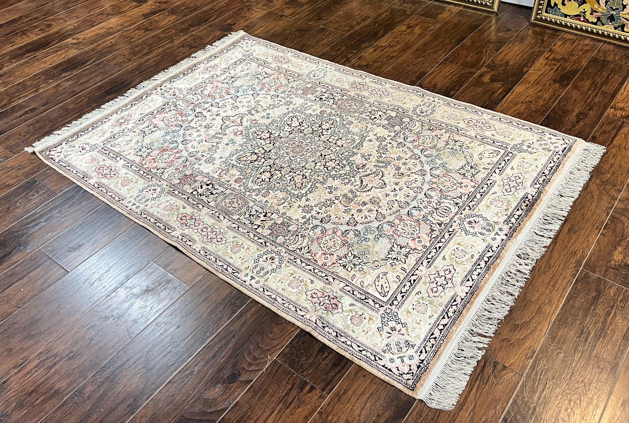 Silk Indian Kashmiri Rug 4x6, Handmade, Ivory, Fine 240 KPSI by Jewel Rugs