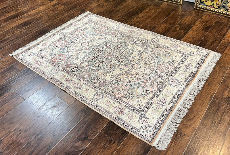 Silk Indian Kashmiri Rug 4x6, Handmade, Ivory, Fine 240 KPSI by Jewel Rugs