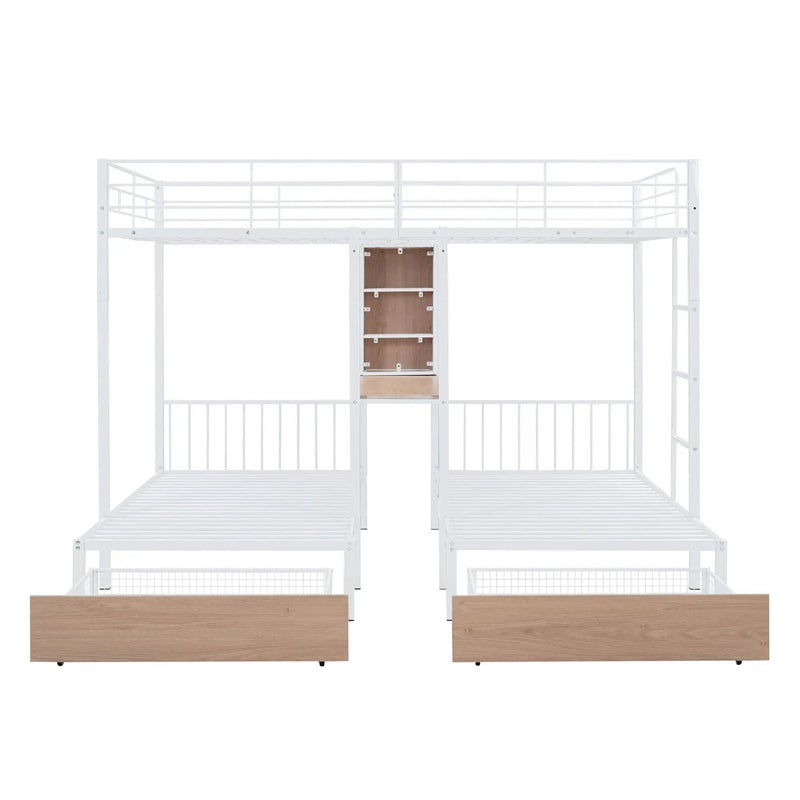 Triple Bunk Bed With Drawers, Multi-Functional Frame With Desks And Shelves In The Middle by HouseOfZazla
