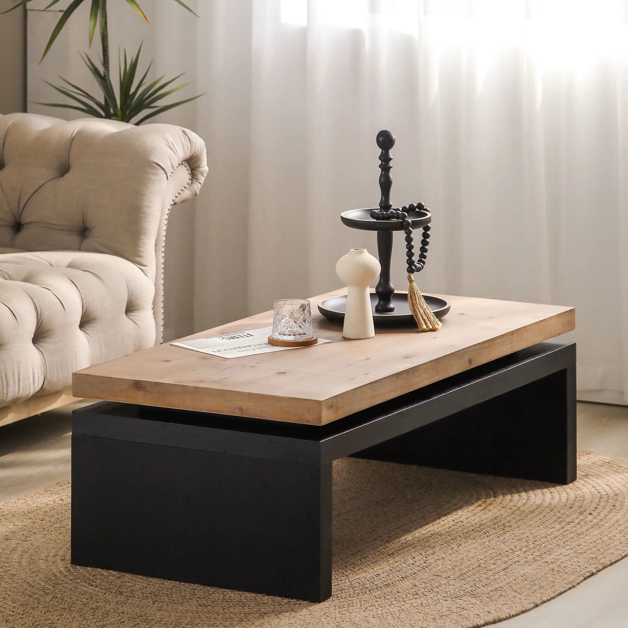 Coffee Table Rectangular Center Table For Living Room - Black / Natural / Multi / Natural Multi / Natural Wood / Natural Wood Wash by HouseOfZazla