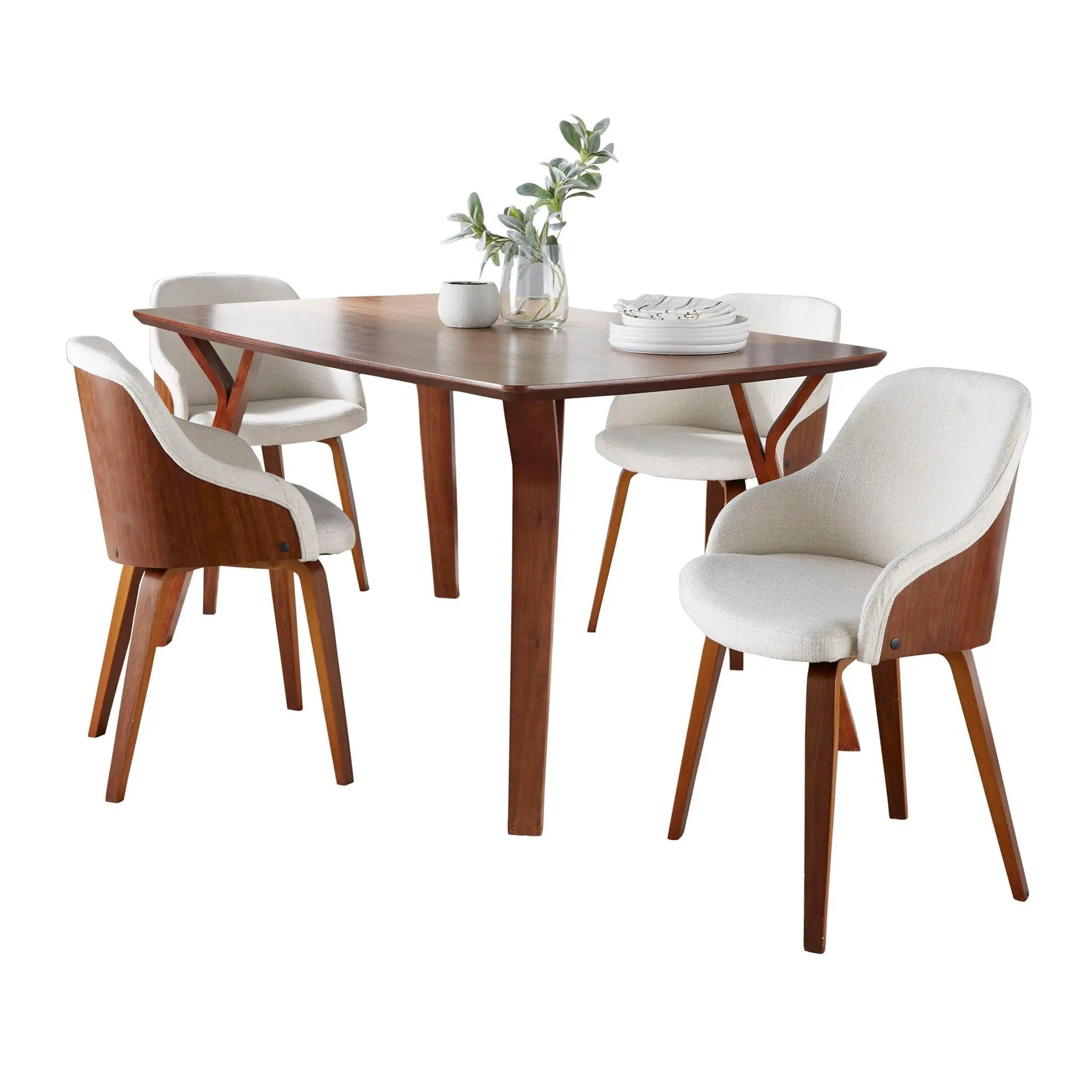 Folia Bacci - 5 Piece Mid-Century Modern Dining Set - Walnut / Cream by HouseOfZazla