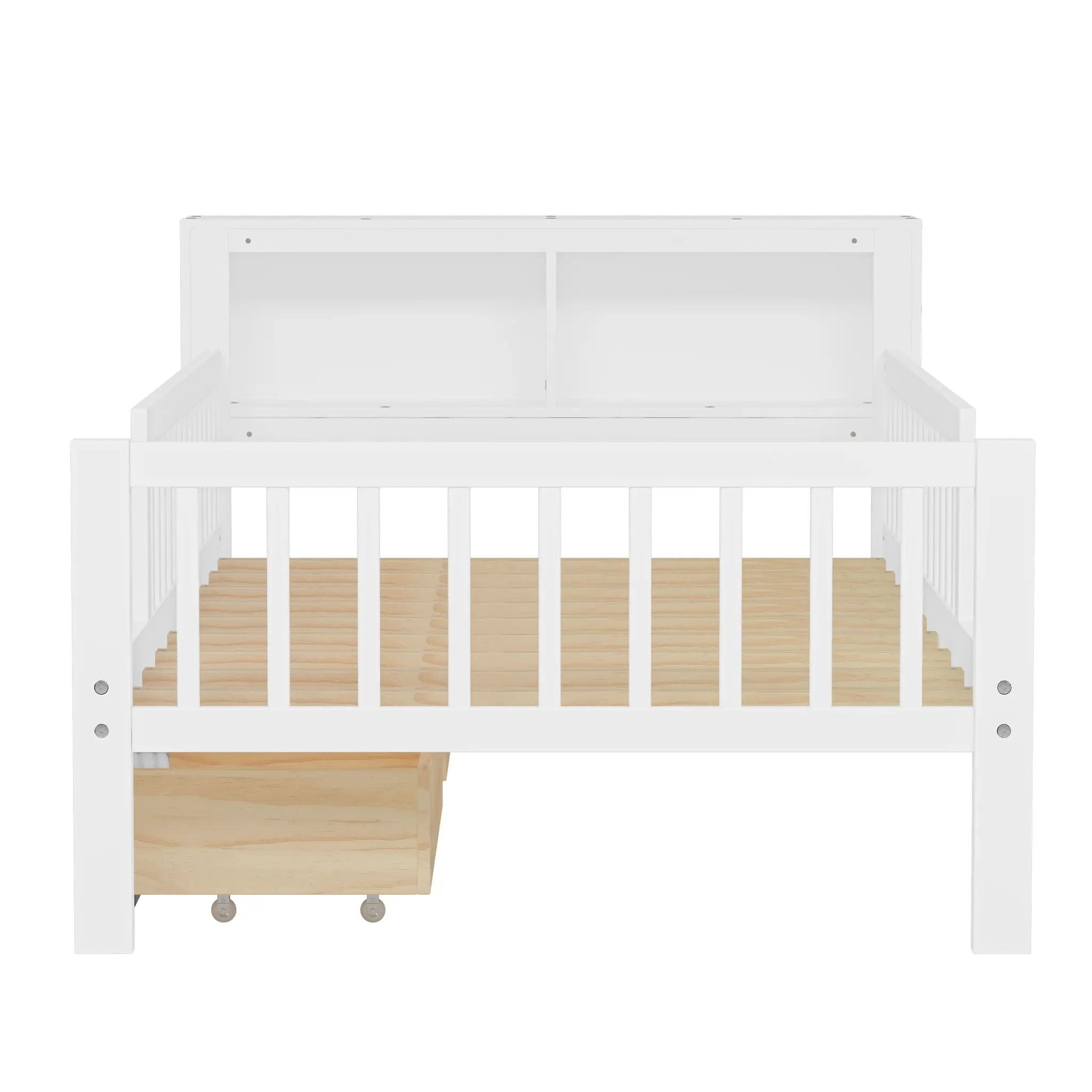 Bed With Headboard Storage Rack, 2 Under Bed Drawers, 3 Side Guardrails For Safety by HouseOfZazla