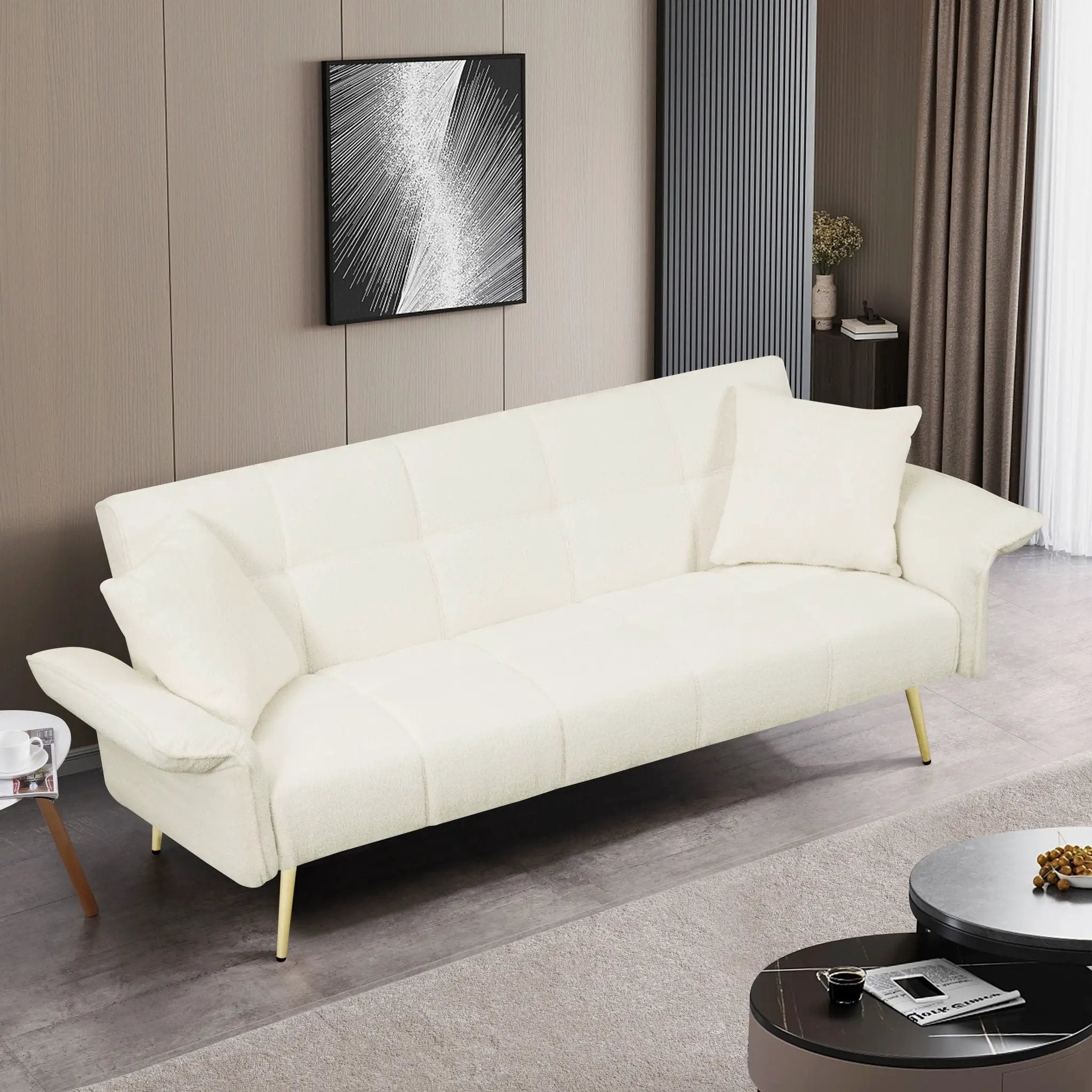 Convertible Double Futon Sofa Bed With Folding Armrests For Living Rooms