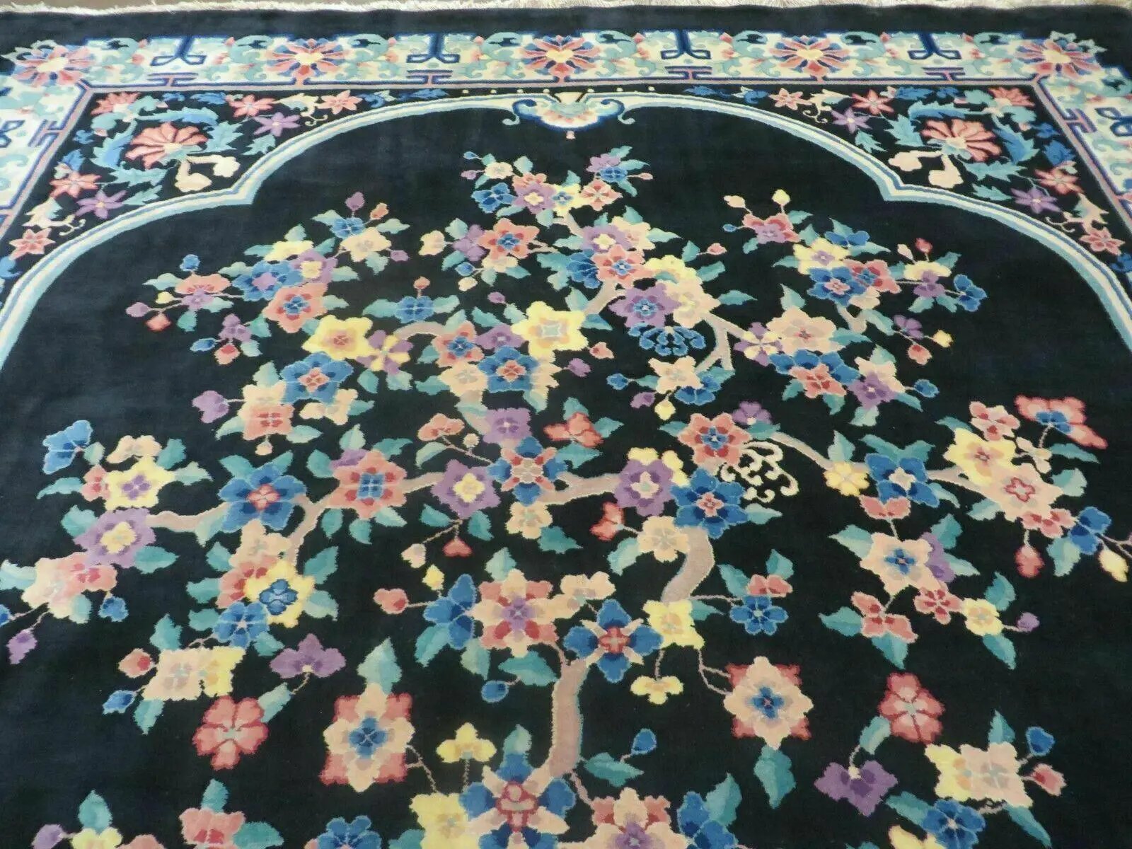 Black Chinese Wool Rug 8x10, Art Deco Floral Carpet, Soft Plush Pile by Jewel Rugs
