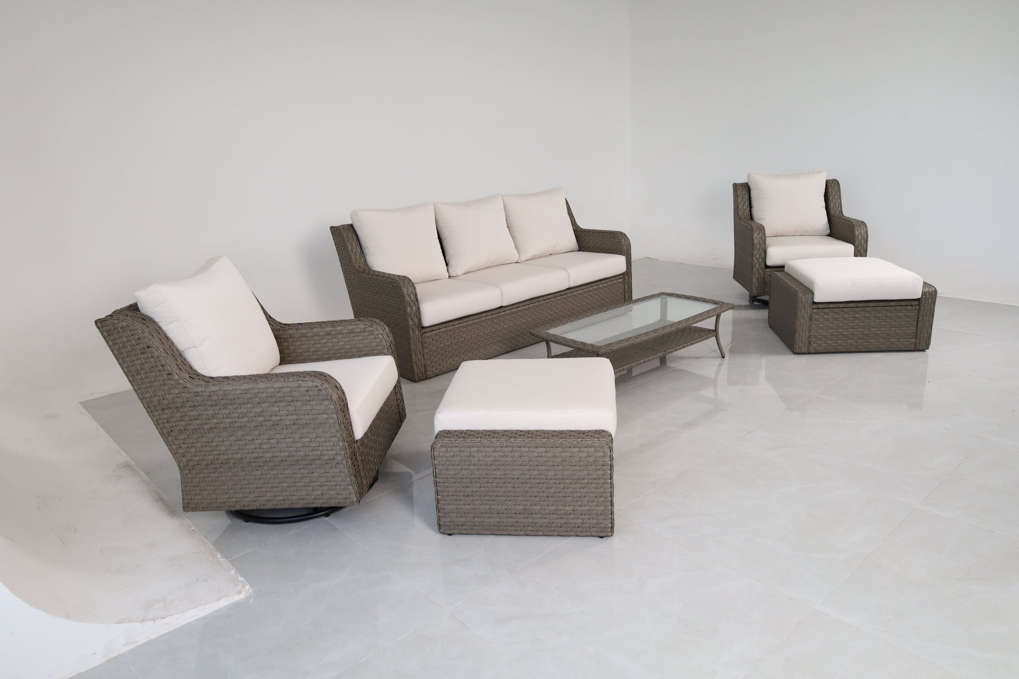 Luxury Rattan Patio Conversation Set – Includes 2 Swivel Chairs, Sofa, Coffee Table, And 2 Ottomans With Premium by HouseOfZazla