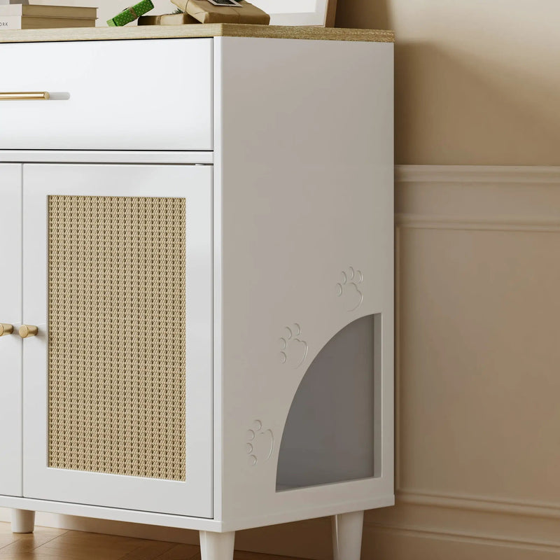 Cat Litter Box Enclosure With Scratch Pad, Hidden Litter Box Furniture, Wooden Pet House Sideboard, Storage Cabinet, Fit Most Cat And Litter Box, For Living Room Bedroom Office - White / Light Brown by HouseOfZazla