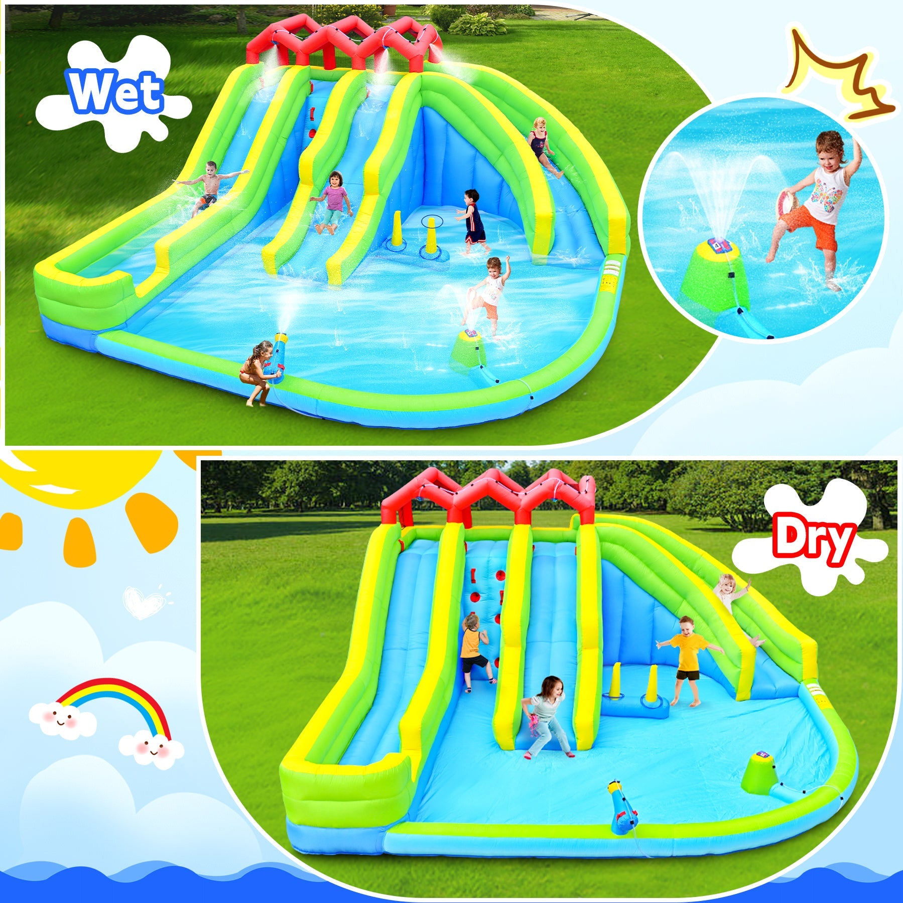 7-in-1 Inflatable Water Park Three Slide with Blower and Climbing Wall for Children by HouseOfZazla
