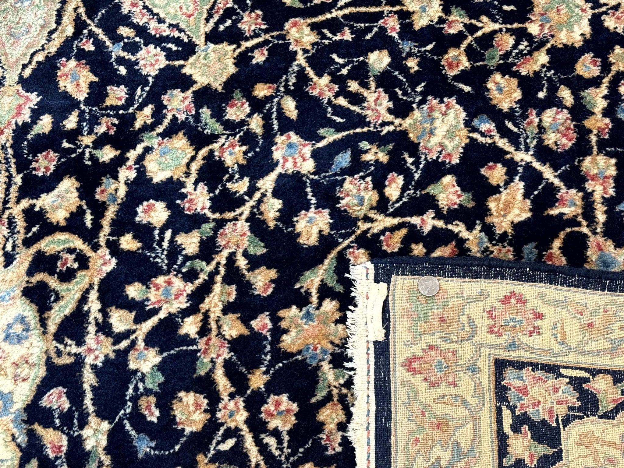 Large Persian Kerman Rug 10x14, Navy Blue and Beige, Floral Medallion, Traditional Elegant Persian Carpet, Signed by Masterweaver by Jewel Rugs
