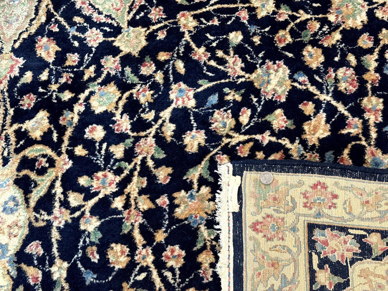 Large Persian Kerman Rug 10x14, Navy Blue and Beige, Floral Medallion, Traditional Elegant Persian Carpet, Signed by Masterweaver by Jewel Rugs