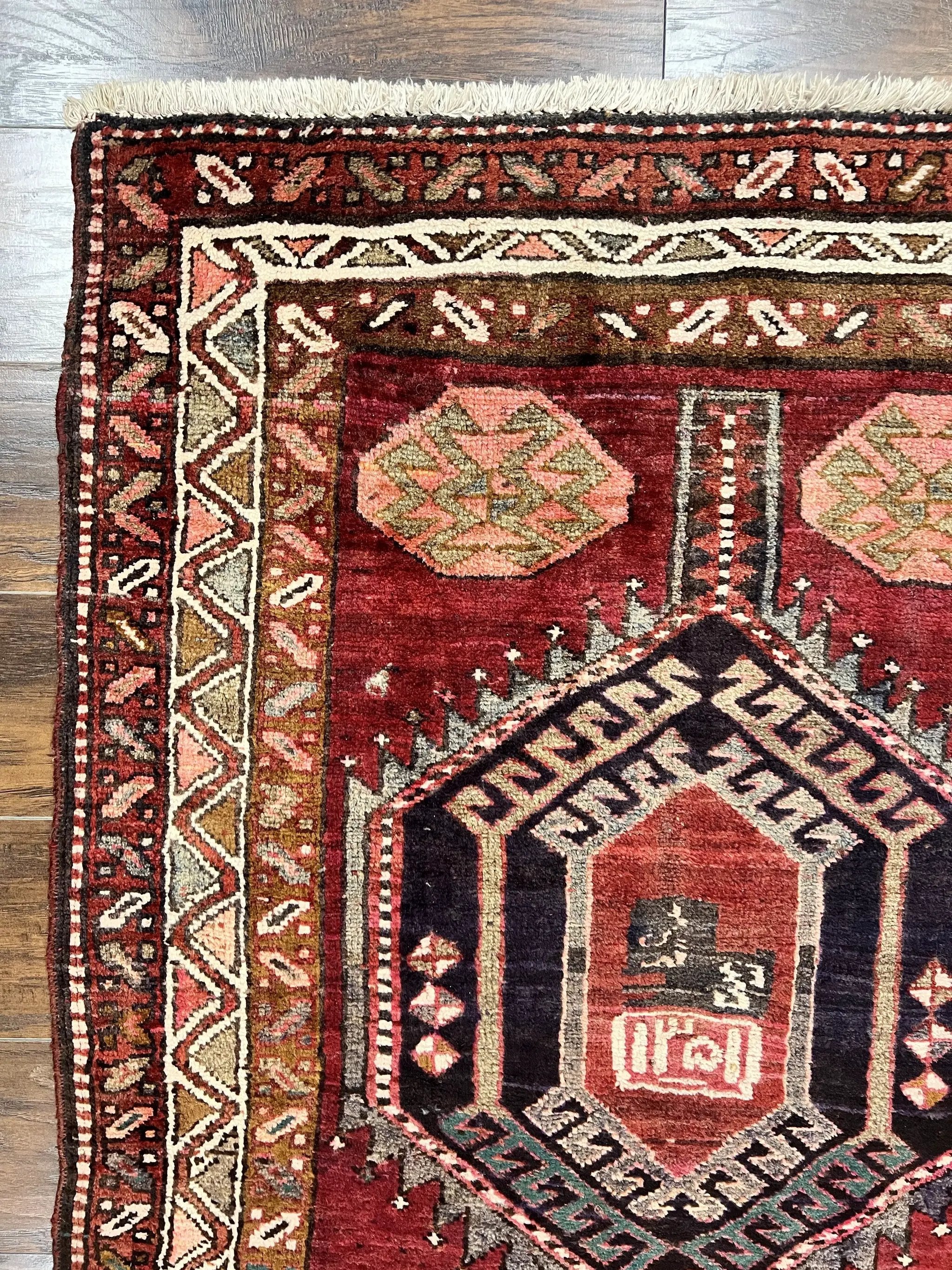 Persian Heriz Runner Rug 3.8 x 8.6, Geometric Design, Large Triple Medallions, Hand Knotted Handmade Vintage Wool Hallway Rug, Red by Jewel Rugs