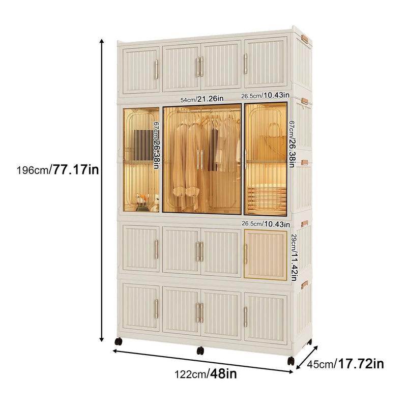 Portable Wardrobe Closet Storage Organizer With 17 Magnetic Doors, 17 Cubes, Hanging Rod & 6 Hangers - Creamy White by HouseOfZazla