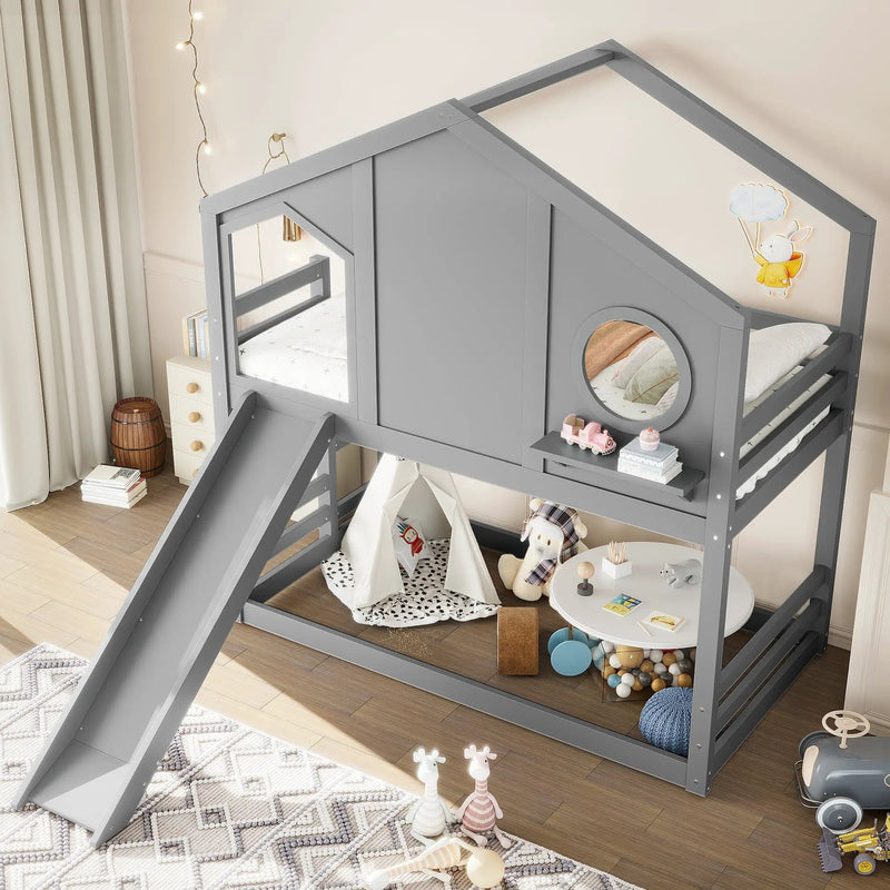 Twin House Bunk Bed with Slide and Storage Shelves by HouseOfZazla