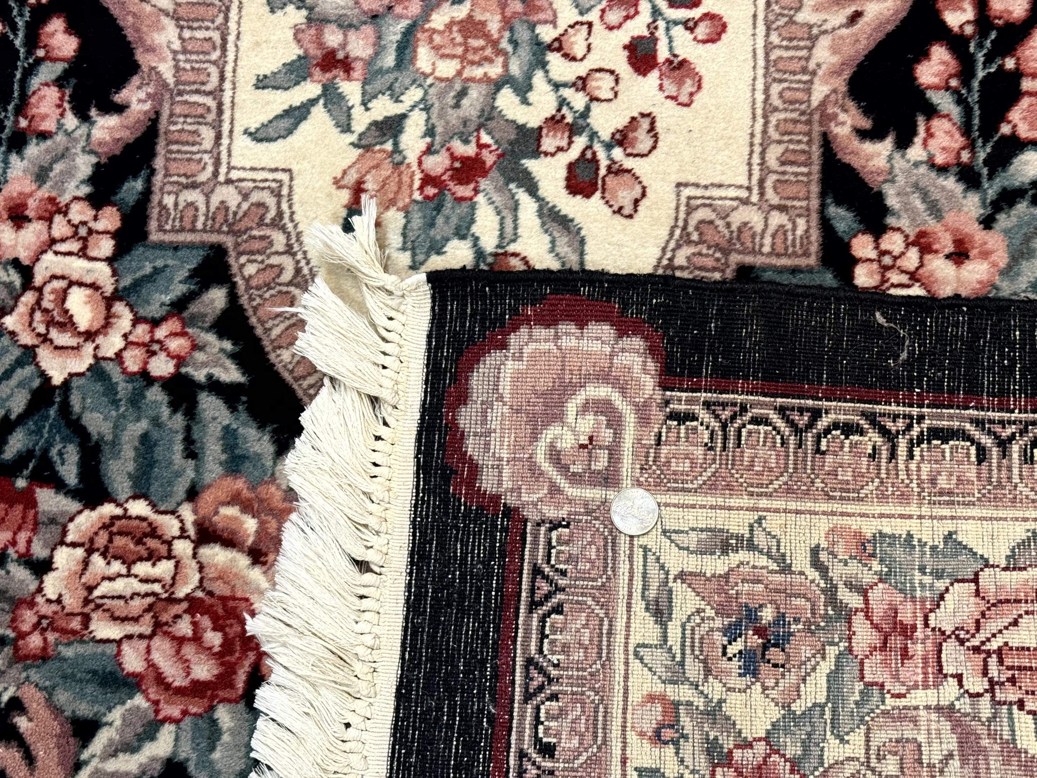 Aubusson Rug 4x6, Elegant European Floral Design, Black and Ivory, Fine 200 KPSI by Jewel Rugs