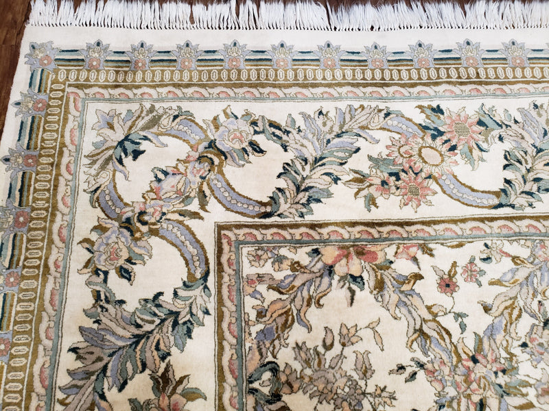 Pak Persian Floral Rug 11 x 12.6, Ivory, Very Fine, Hand Knotted by Jewel Rugs