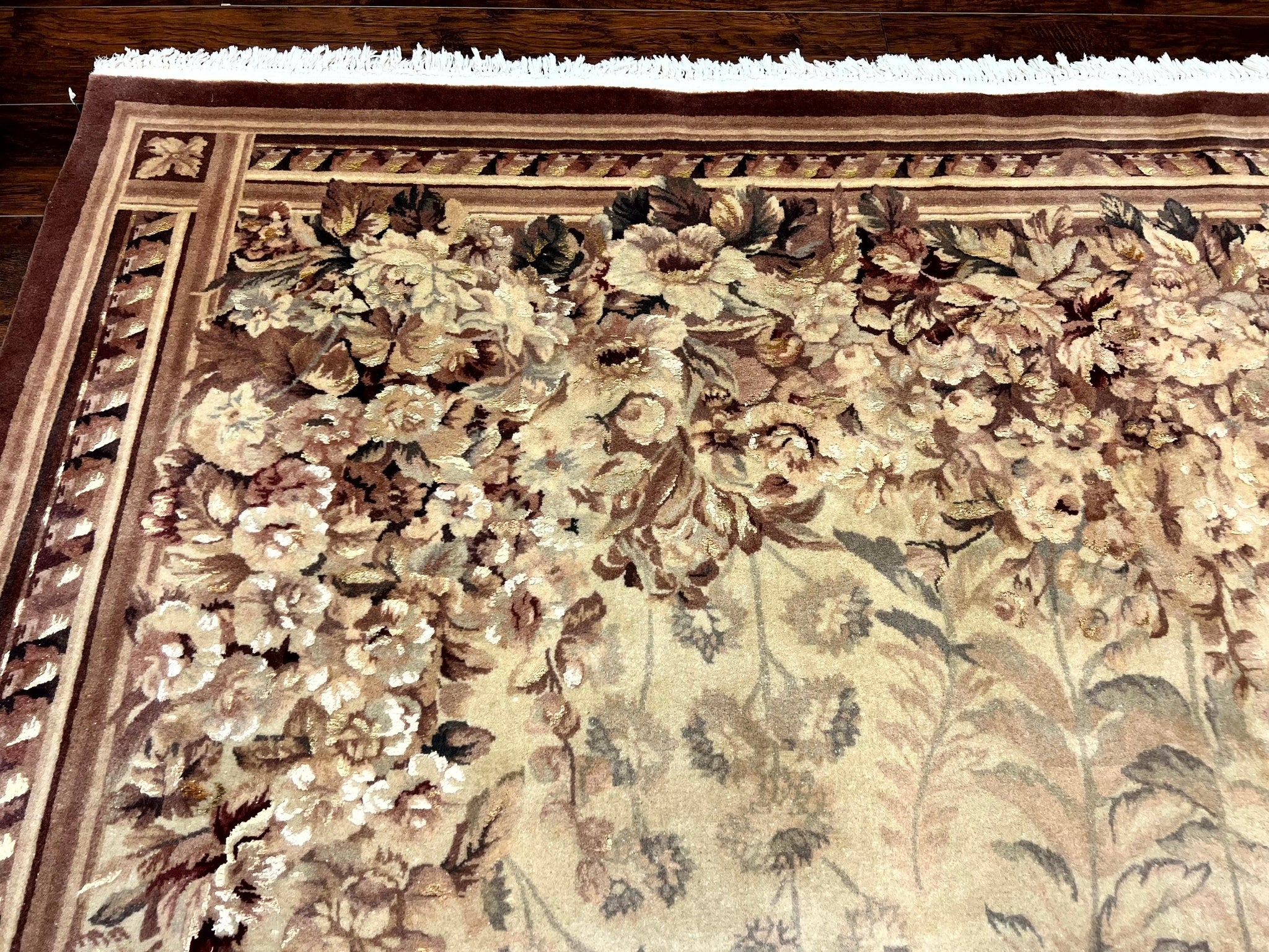 Aubusson Wool Rug 9x11, Wool with Silk Highlights, European Design, Vintage, Handmade, Floral, Fine 210 KPSI by Jewel Rugs