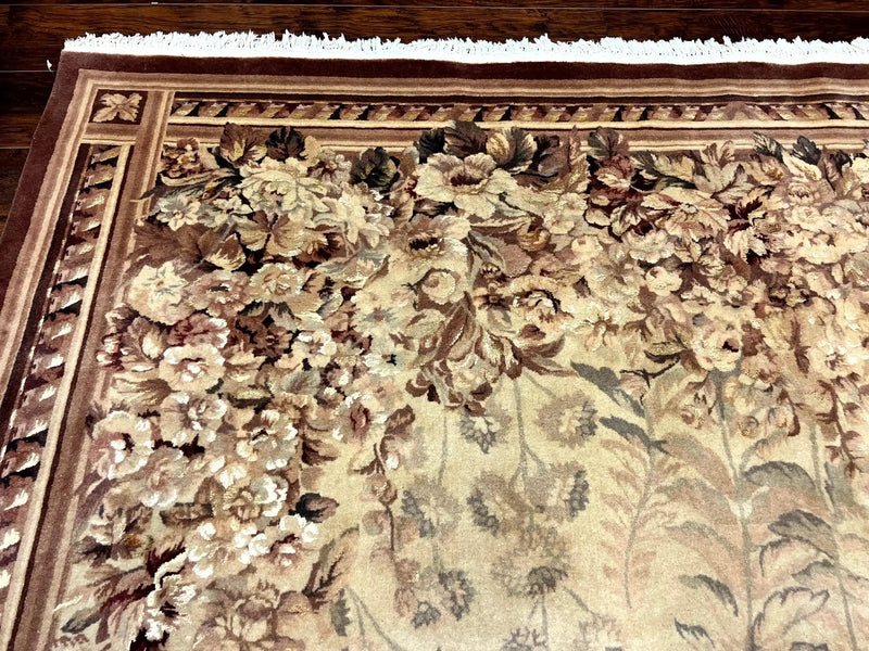 Aubusson Wool Rug 9x11, Wool with Silk Highlights, European Design, Vintage, Handmade, Floral, Fine 210 KPSI by Jewel Rugs