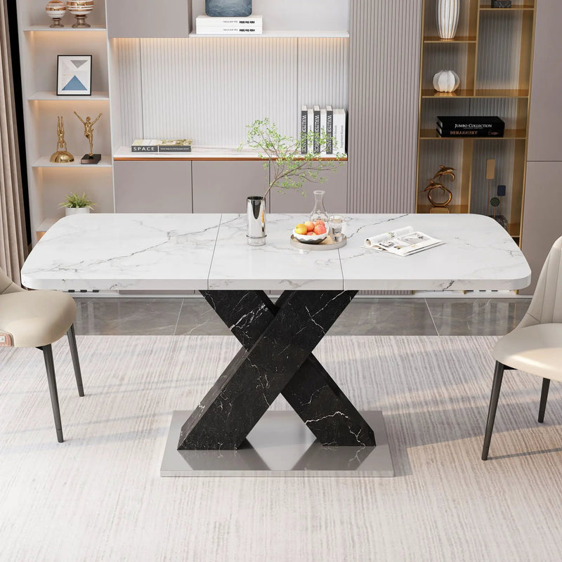Rectangle Dining Table With Stretchable Top, X Shape Mdf Legs With Steel Base - White / Black by Unique Piece Furniture