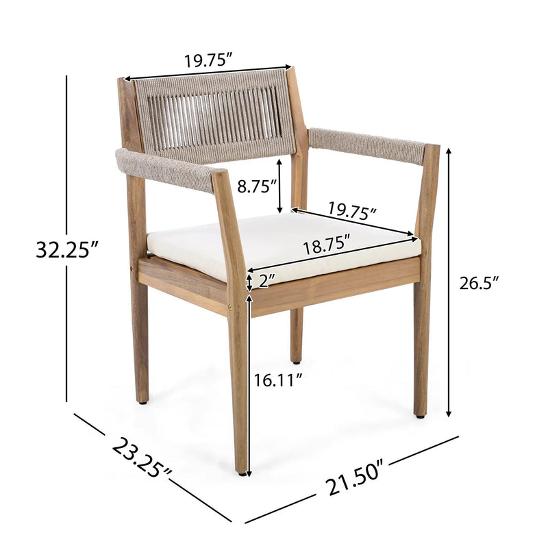 Braided Acacia Wood Outdoor Dining Chairs Set of 2 – Teak Look with Beige Rope & Cream Cushions by HouseOfZazla