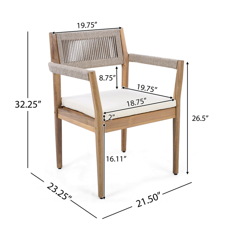 Braided Acacia Wood Outdoor Dining Chairs Set of 4 – Teak Look with Beige Rope & Cream Cushions by HouseOfZazla