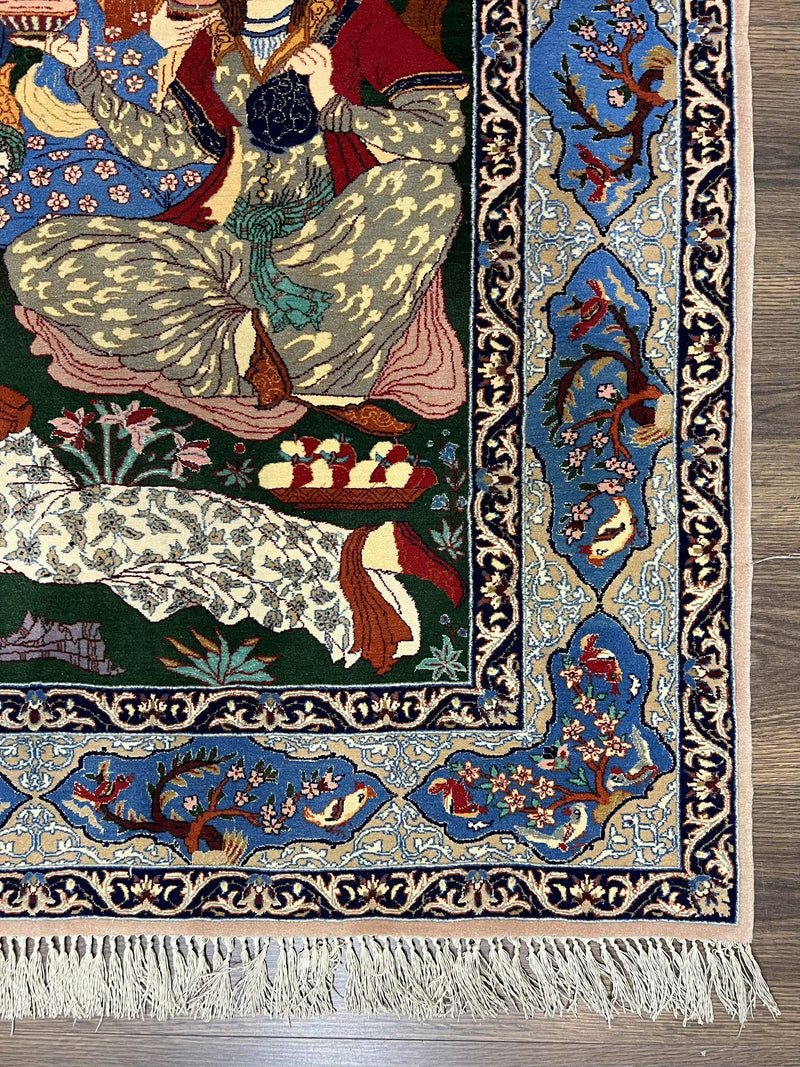 Fine Persian Isfahan Pictorial Rug 3.7 x 5, Kork Wool on Silk Foundation, Blue Persian Carpet, Hand Knotted, Humans Birds, High KPSI, Semi Antique by Jewel Rugs