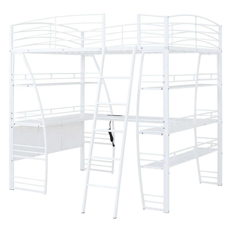 Loft Bed With 4 Layers Of Shelves And L-Shaped Desk, Stylish Metal Frame Bed With A Set Of Sockets, USB Ports And And Wireless Charging by HouseOfZazla