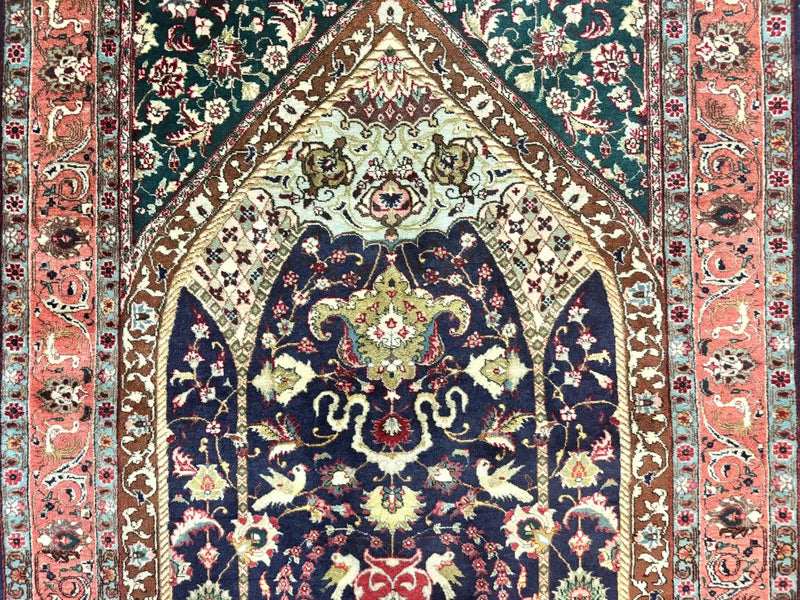 Persian Tabriz Rug 3x4, Navy Blue, Birds, Floral, Prayer Rug, Handmade Wool Rug, Finely Hand Knotted 325 KPSI by Jewel Rugs