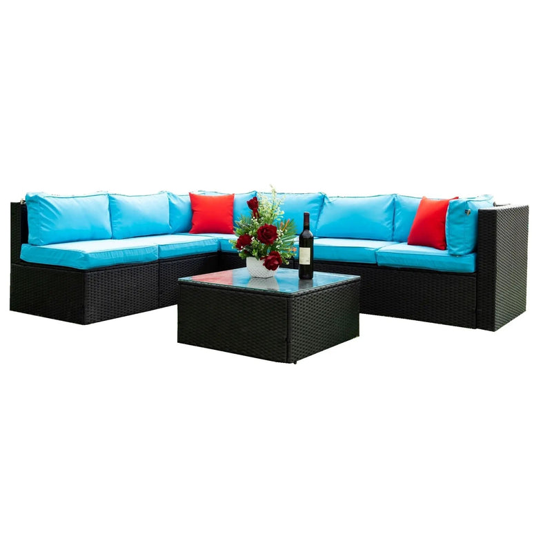 5 Pieces Rattan Sectional Outdoor Furniture Cushioned U Sof Set With 2 Pillow - Black / Blue by HouseOfZazla