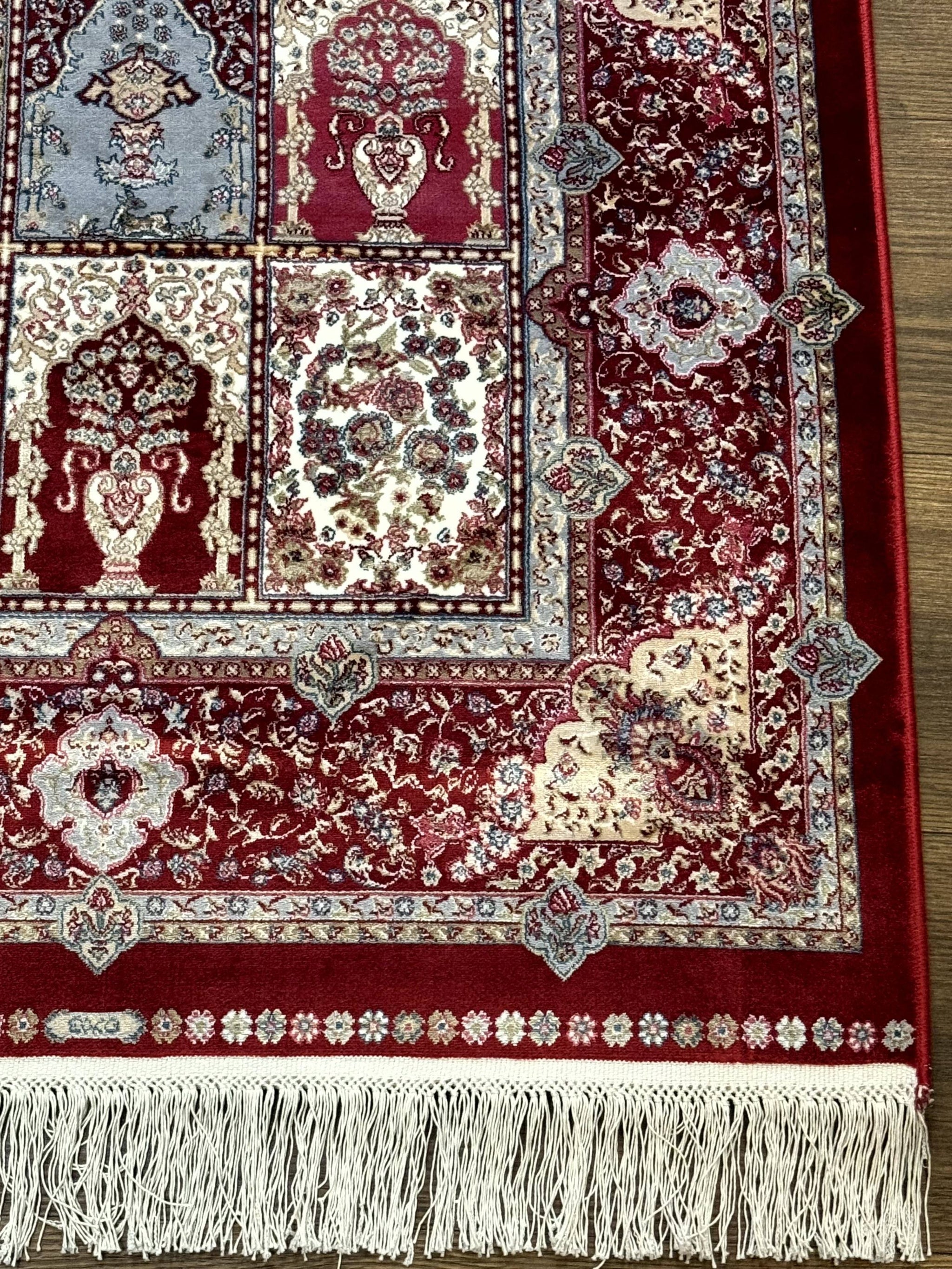 Turkish Silk Runner Rug 2.6 x 11.6, Panel Design, Dark Red Ivory, Bamboo Silk, New by Jewel Rugs
