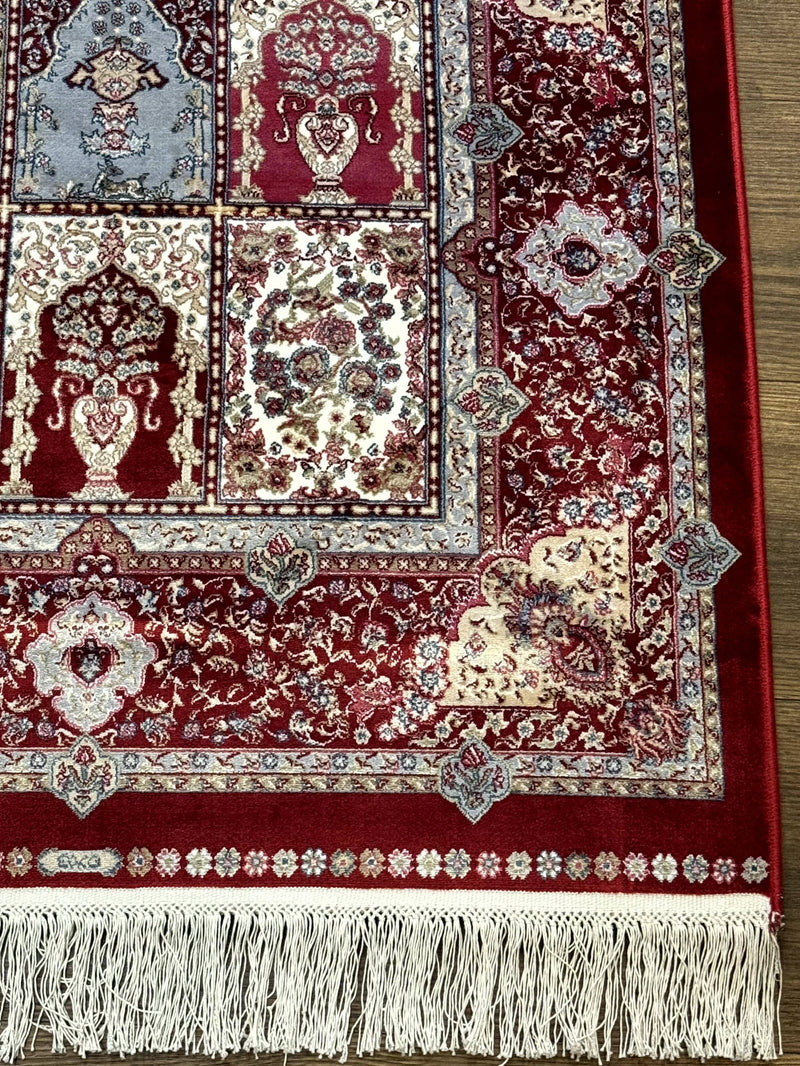 Turkish Silk Runner Rug 2.6 x 11.6, Panel Design, Dark Red Ivory, Bamboo Silk, New by Jewel Rugs