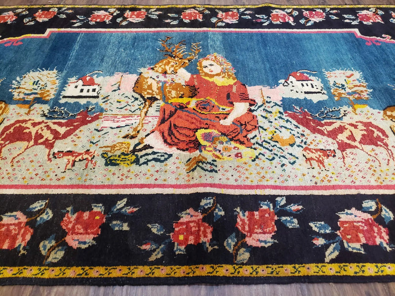 Antique Persian Pictorial Rug 4'6" x 9', Wool Hand-Knotted Blue Roses Karabagh Caucasian Carpet, 1920s Girl Deer Tapestry Wall Hanging Rug by Jewel Rugs