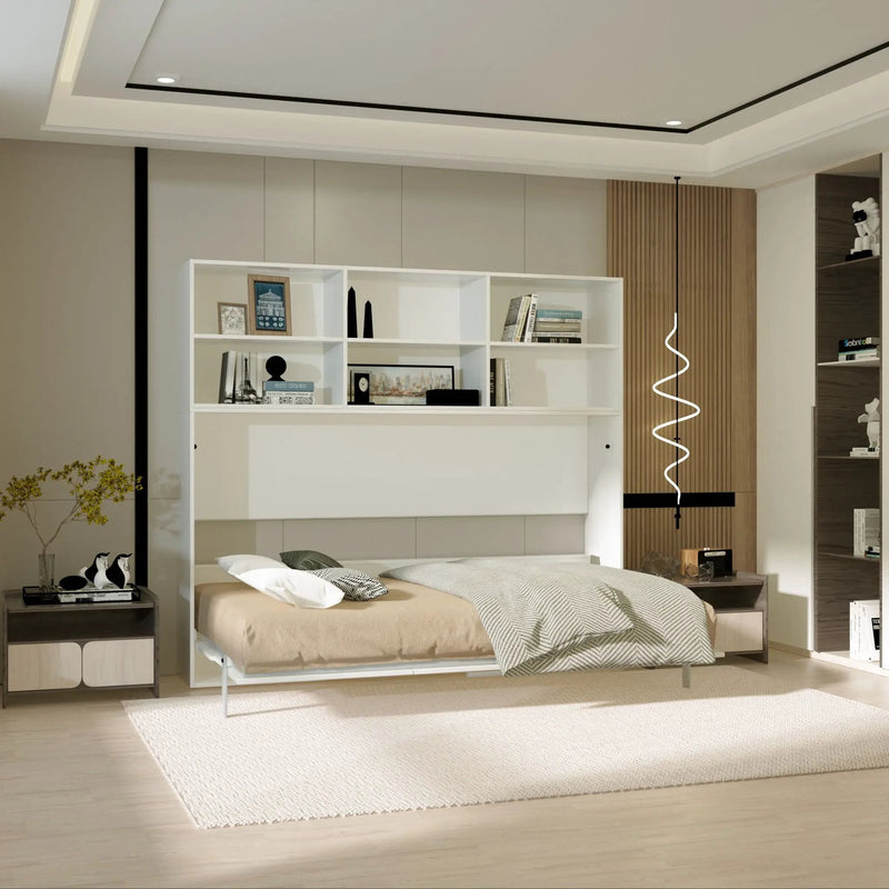 Mordern Design Twin Size Horizontal Murphy Bed With Shelf Storage For Bedroom Or Guestroom Wall Bed Space Saving Hidden Bed With New Style Gas Struts - White by HouseOfZazla