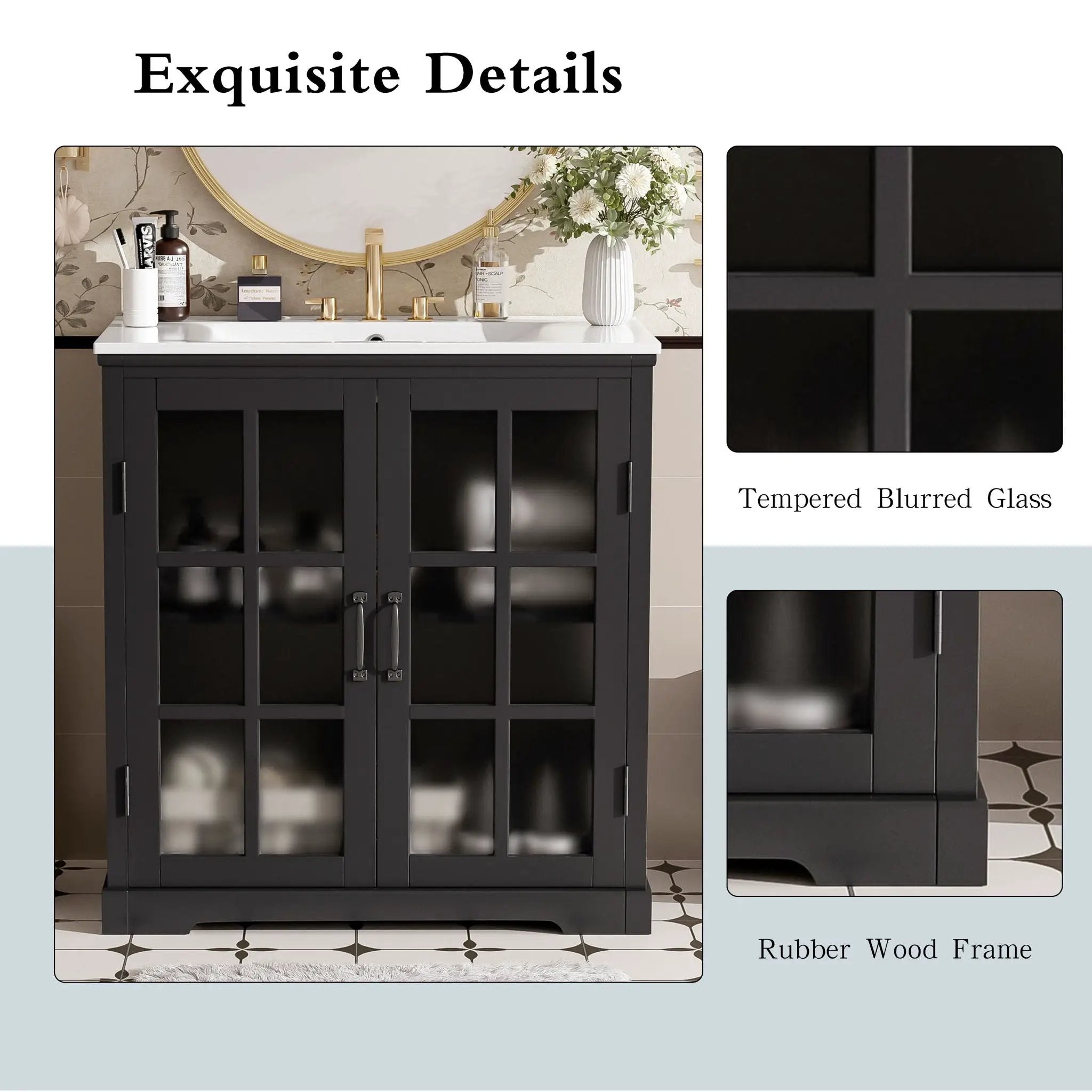 Modern Bathroom Vanity With Ceramic Sink, Tempered Blurred Glass Doors