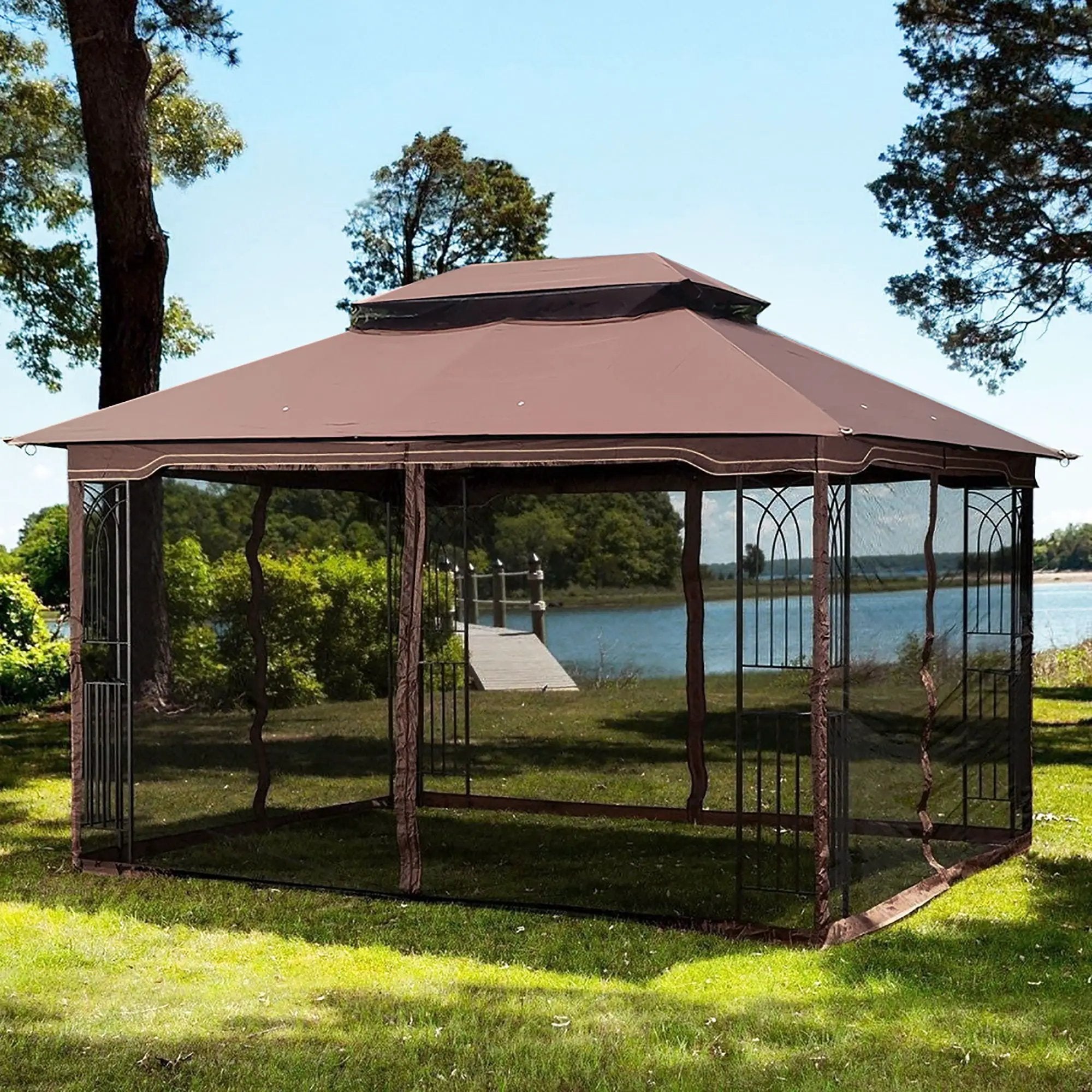 13 0 Outdoor Patio Gazebo Canopy Tent With Ventilated Double Roof And Mosquito Net (Detachable Mesh Screen On All Sides) Suitable For Lawn Garden Backyard And Deck Top - Brown by HouseOfZazla