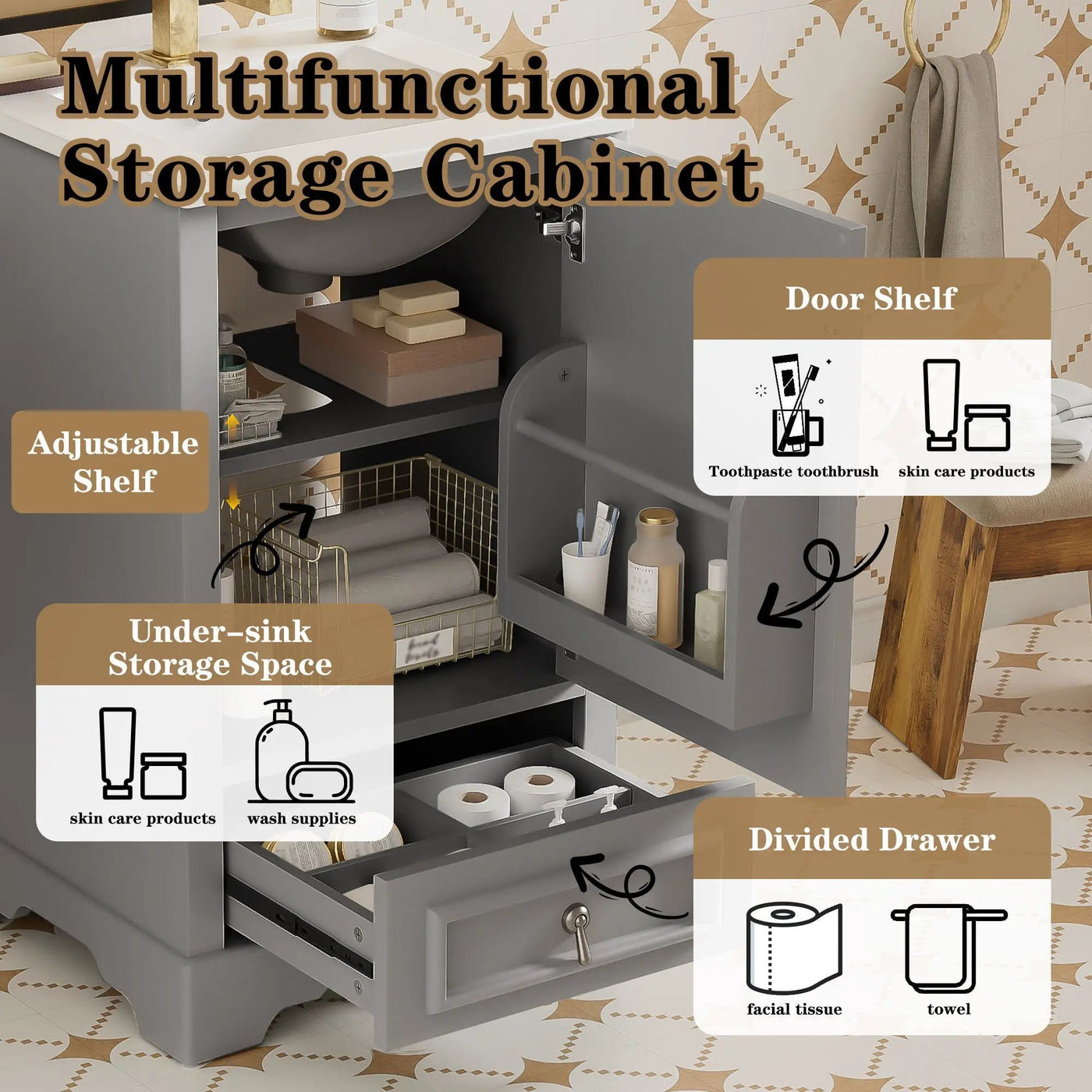 Bathroom Vanity With Sink, Soft Close Door, Adjustable U-Shaped Shelf by Unique Piece Furniture