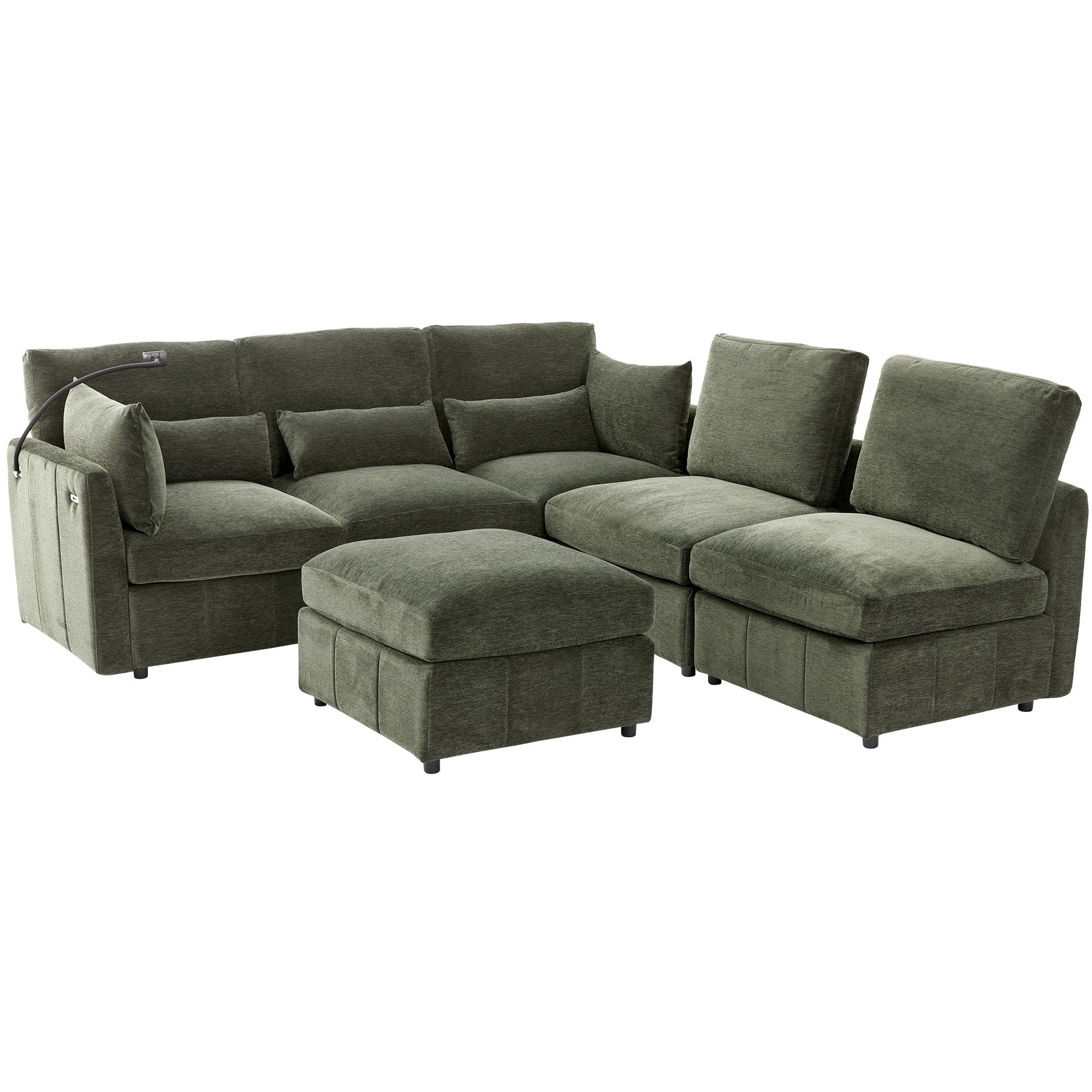 Modern Modular U-Shaped Sofa Bed With Movable Ottoman, USB Ports, Phone Holder