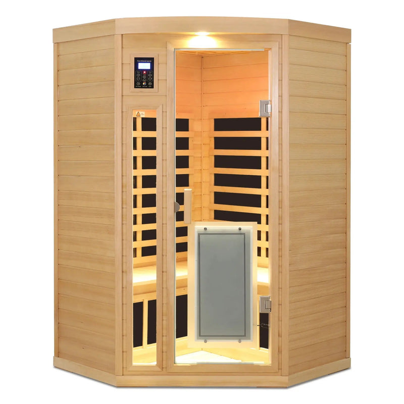 Low Emf Front Door With Heating Panel 2 Persons Hemlock Far Infrared Corner Indoor Sauna Room - Natural by HouseOfZazla