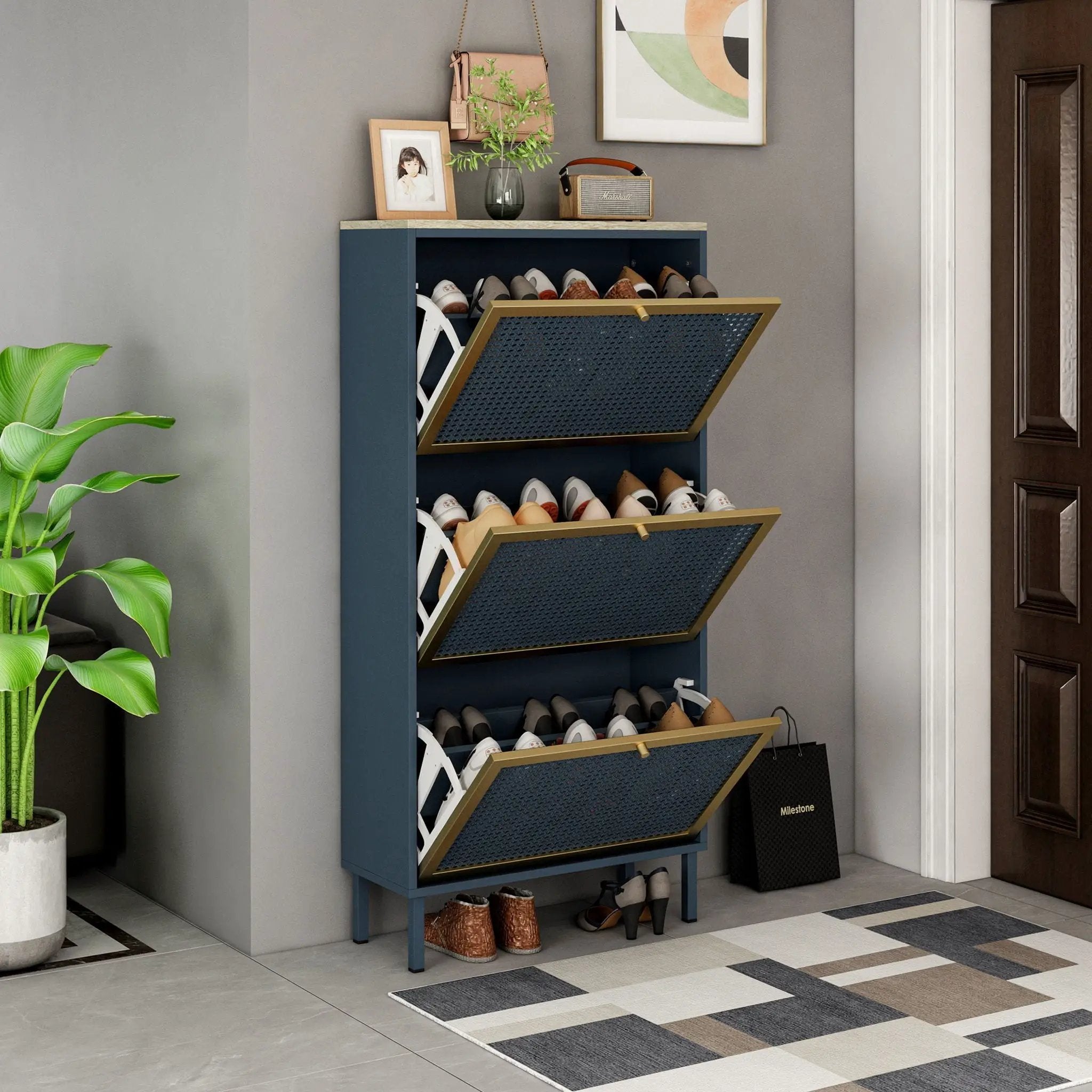 Modern Rattan 3 Door Shoe Rack Cabinet for Entryway by HouseOfZazla